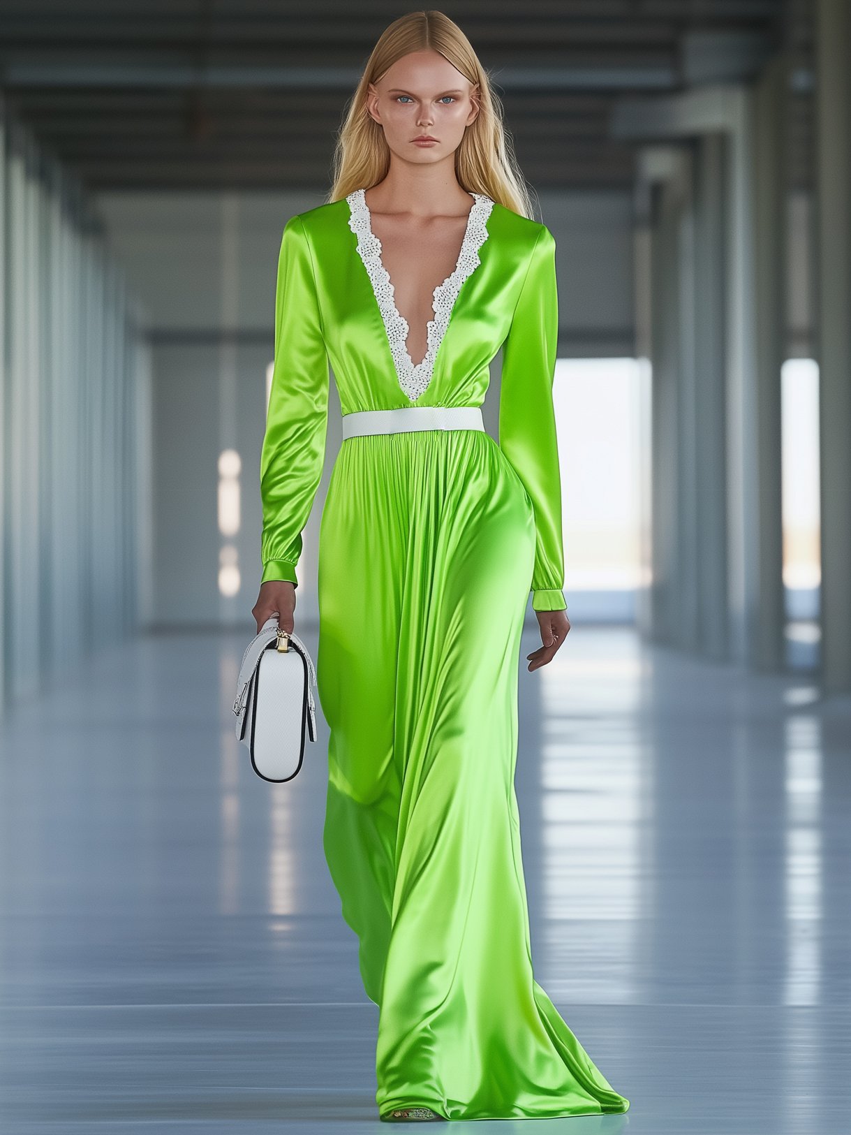 Temperament V-Neck Fluorescent Green Satin Long-Sleeved Maxi Dress