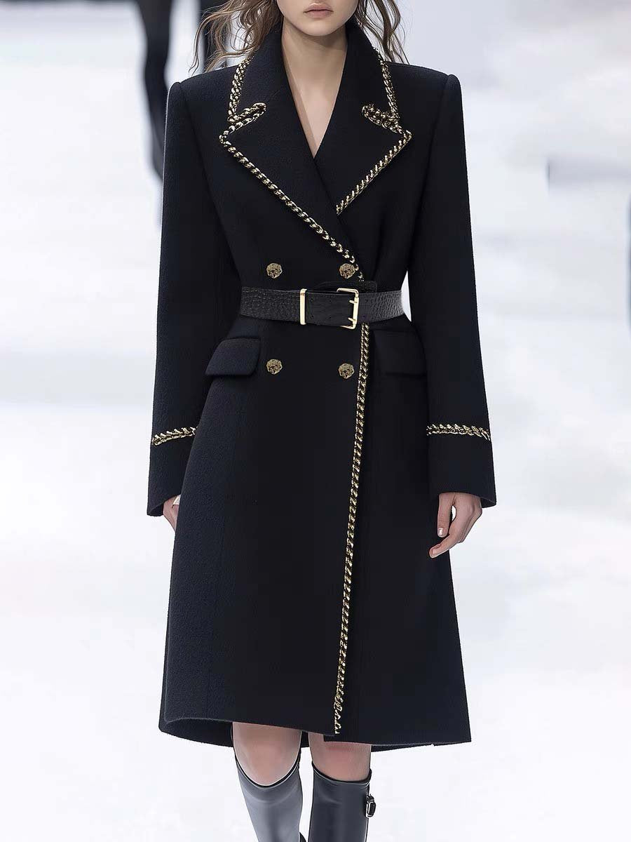 High-End And Fashionable Loose Double-Breasted Woolen Coat With Gold Trim