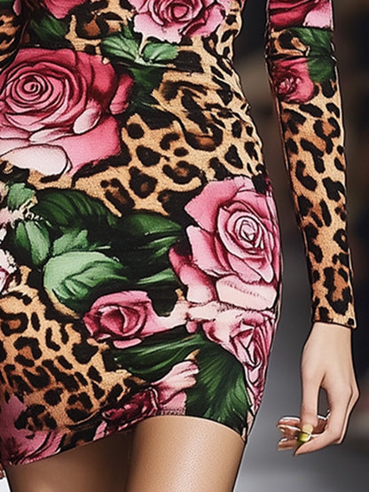 Sexy And Fashionable Slim Fit Leopard Rose Print Long Sleeve Mini Dress