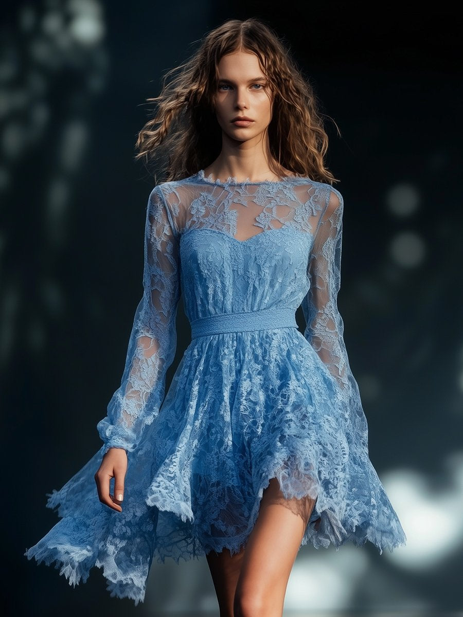 Elegant and Charming See-through Neckline Blue Lace Mini Dress