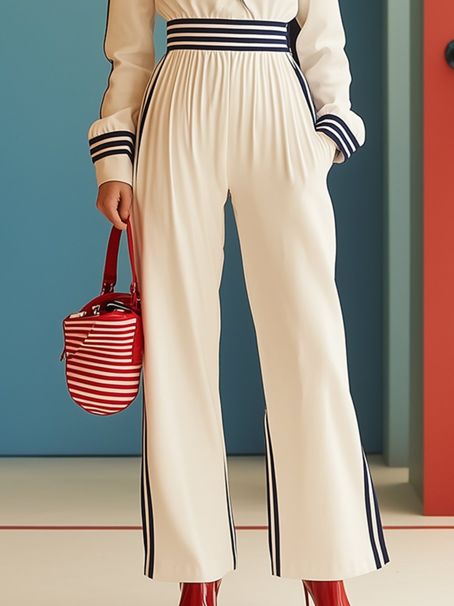 Casual And Stylish Navy Collar White Jumpsuit