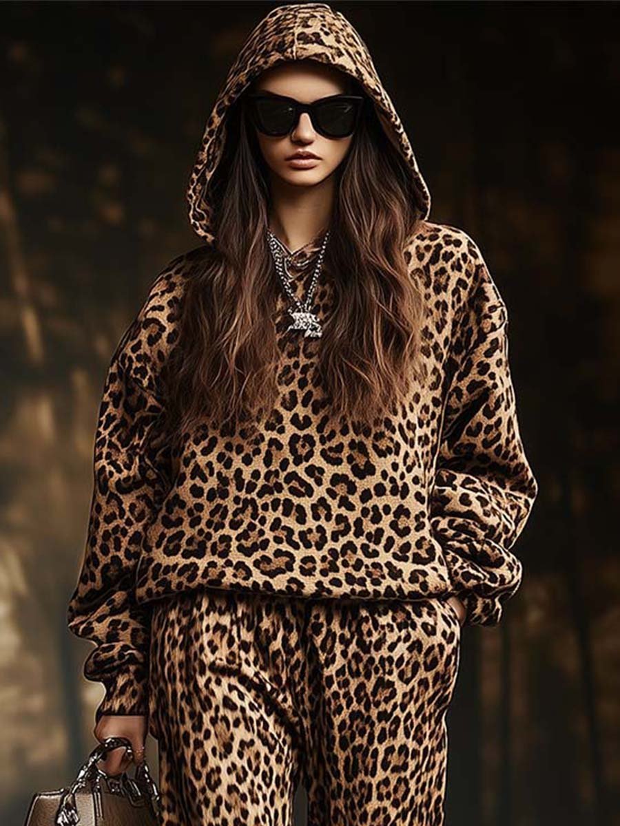 Fashion Retro Casual Hooded Leopard Print Sweatshirt and Pants Two-piece Set