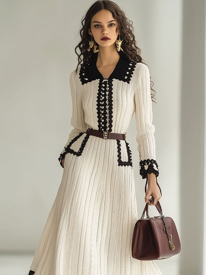 Fashion Retro Knitted Colorblock Long Sleeve Maxi Dress