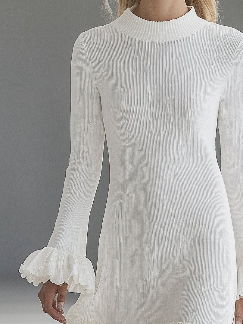 Exquisite White Ruffle Long Sleeve Midi Dress