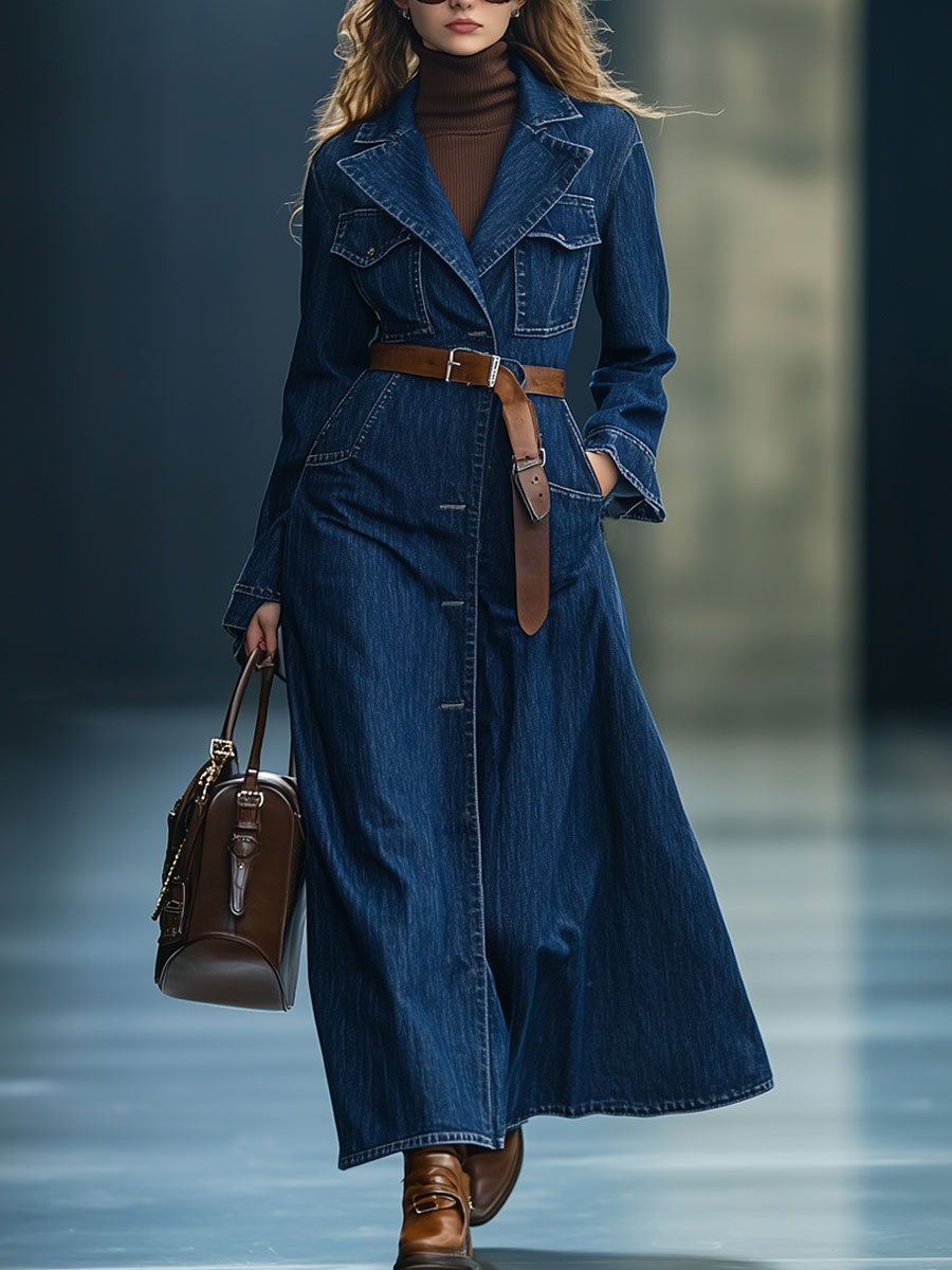 Casual Loose Retro Multi-Pocket Long Dress-Style Denim Trench Coat