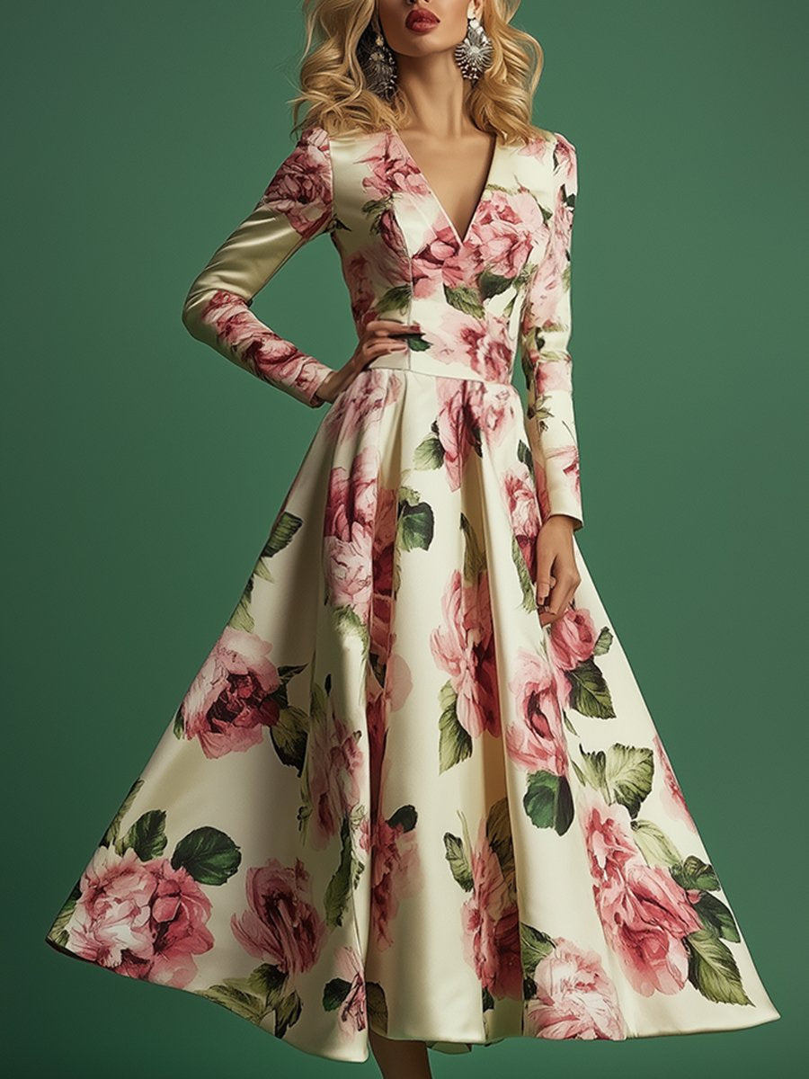 Retro Elegant Floral Print A-Line Midi Dress