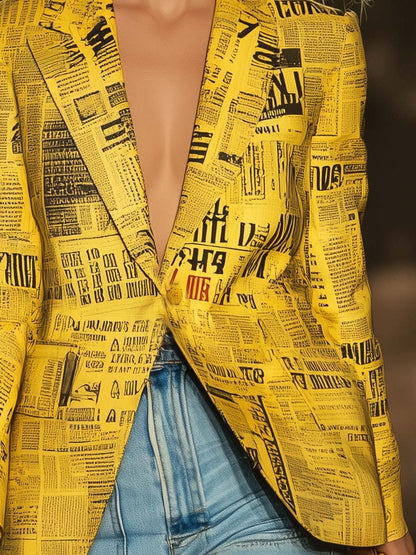 Fashionable Personalized Newspaper Print Yellow Blazer