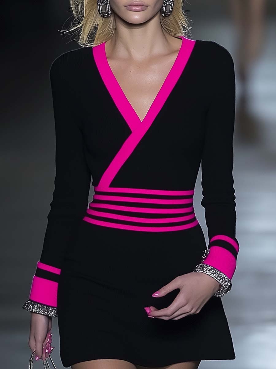 Fashion V-neck Hot Pink Striped Contrast Color Mini Dress