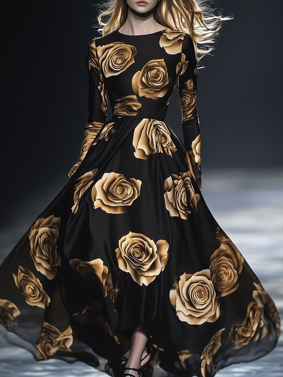 Exquisite Elegant Romantic Golden Rose Print Chiffon Maxi Dress