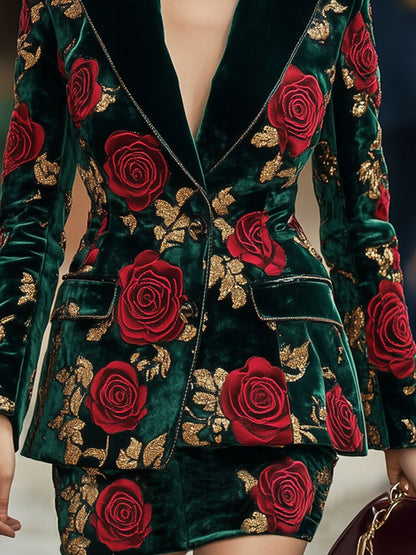 Casual Loose Retro Velvet Red Rose Printed Suit Skirt Set