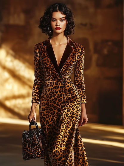 Velvet Leopard Print Lapel Long Sleeve Fashion Party Midi Dress