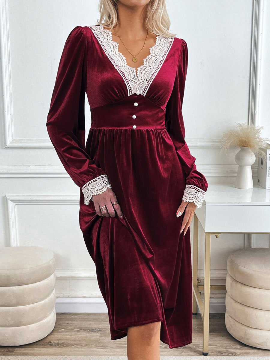 Fashion Retro Party Velvet Lace Stitching Contrast Color Long Sleeve Midi Dress