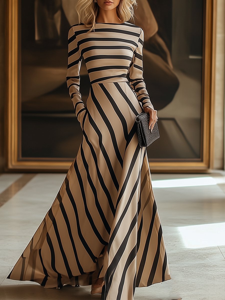 【24-hour shipping】Fashion Slim Striped Khaki Long Sleeve Maxi Dress