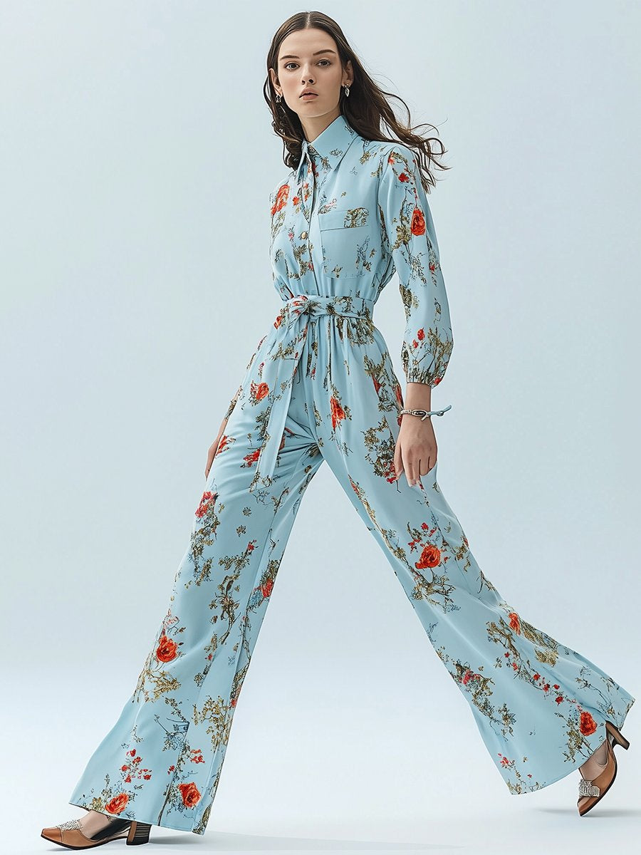 Fashionable Casual Loose Blue Printed Shirt Long-sleeved Jumpsuit