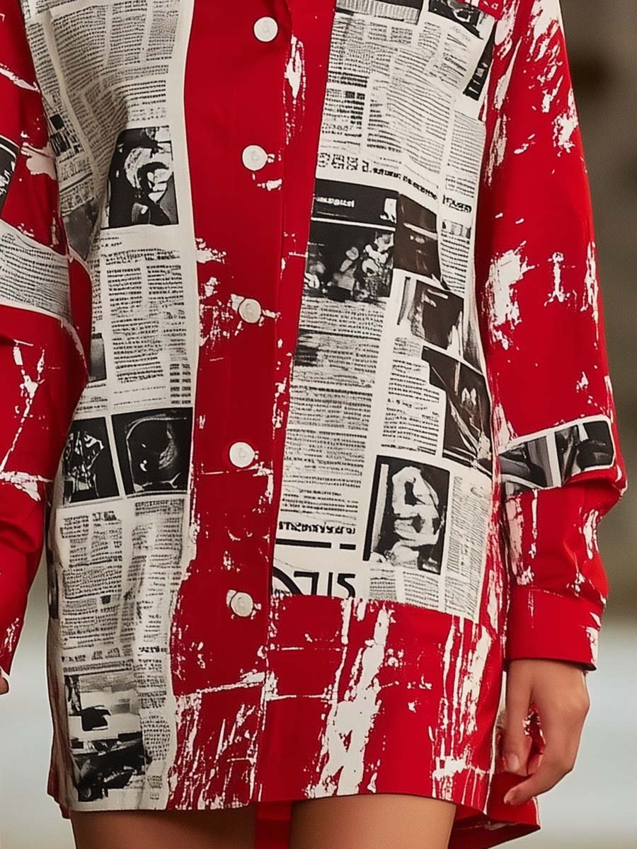 Fashionable Personalized Newspaper Print Red Loose Shirt Style Mini Dress