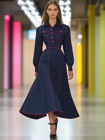 Retro Fashion Long Sleeve Navy Denim Red Topstitched Shirt Midi Dress