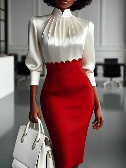 Fashionable Commuter Red And White Stand-Up Collar Long-Sleeved Mini Dress