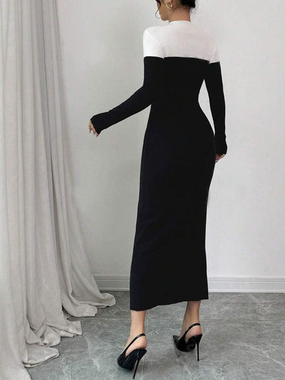 Exquisite And Fashionable Temperament Black And White Color Matching Knitted Midi Dress