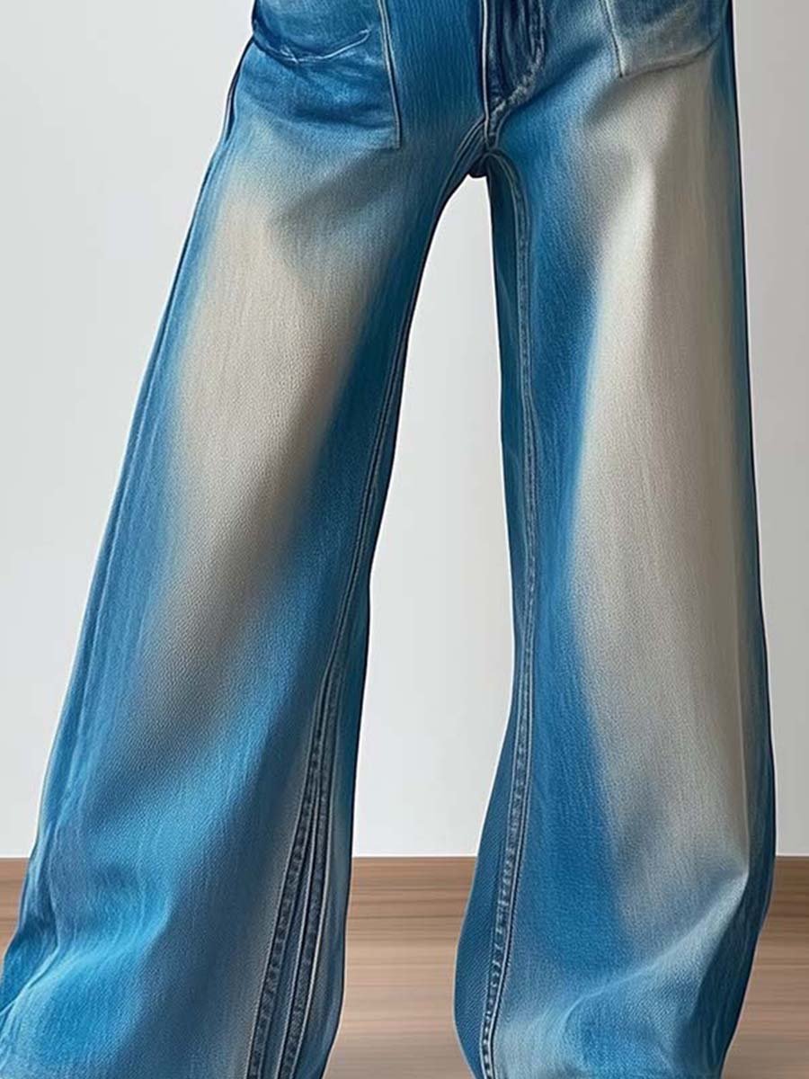 Vintage Fashion Washed Pocket Wide Leg Jeans