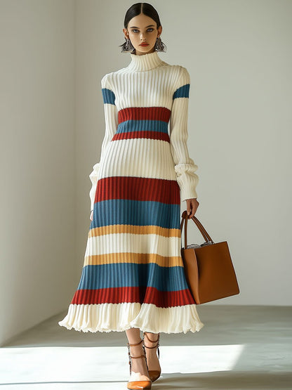 Fashion Retro Striped Long Sleeve Turtleneck Knitted Midi Dress