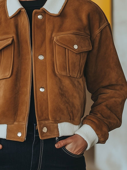 Casual Loose Vintage Suede Lambskin Zipper Jacket