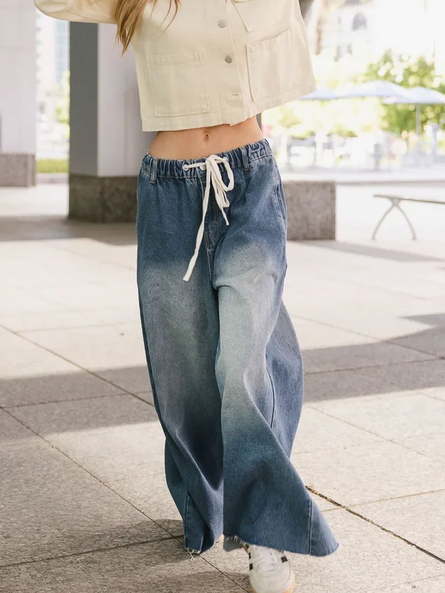 Casual Vintage Pocket Elastic Waist Drawstring Wide Leg Jeans