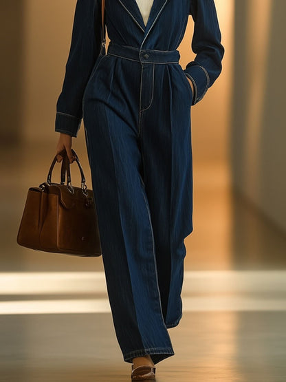 Casual Retro Lapel Pocket Denim Long Sleeve Straight Jumpsuit