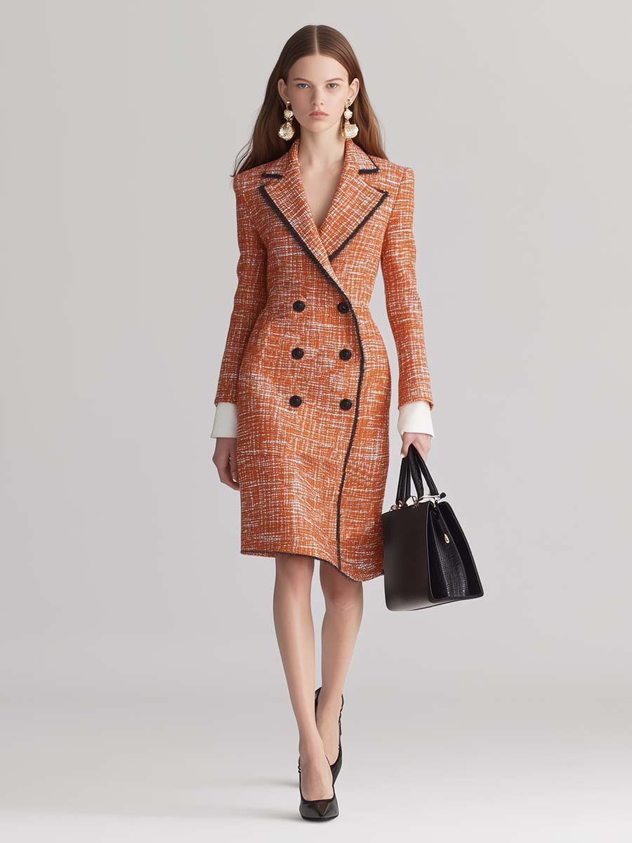 Elegant and Bright V-neck Contrasting Orange Tweed Midi Dress