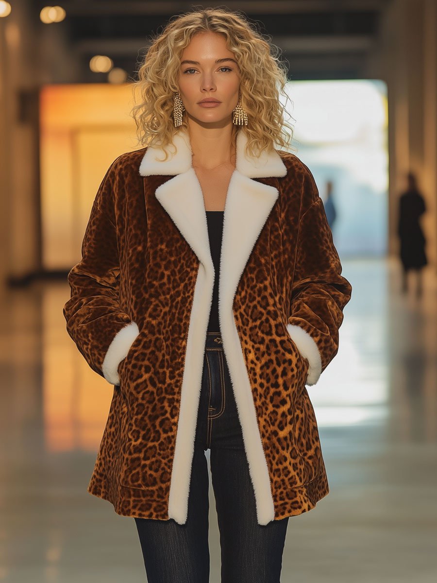 Casual Loose Retro Velvet Leopard Print Lamb Wool Patchwork Coat