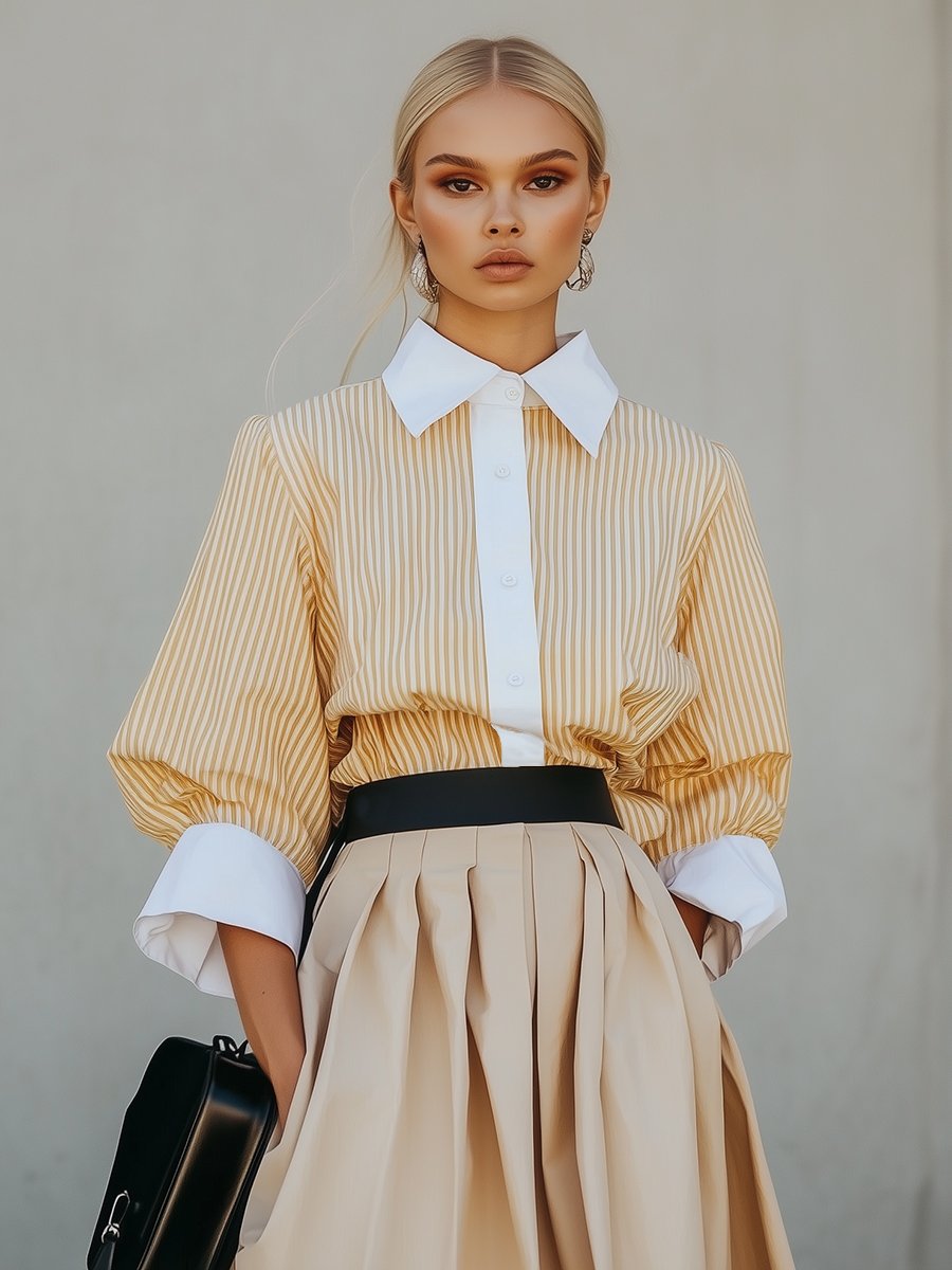 Casual Loose Fashionable Goose Yellow Striped Shirt