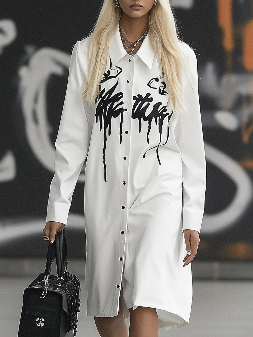 Casual Loose Letter Printed White Shirt Long Sleeve Midi Dress