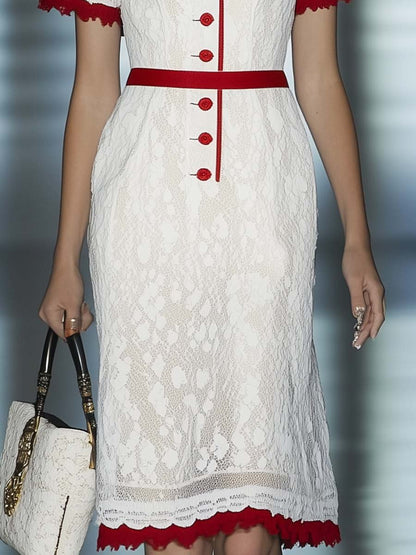 Fashionable and Elegant V-neck Red Trim White Lace Midi Dress