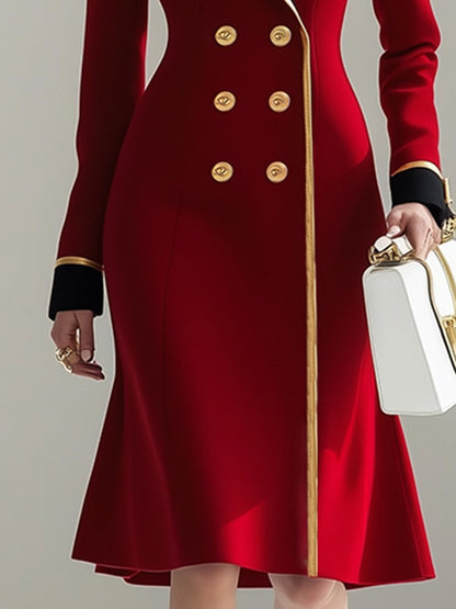 High-End And Fashionable Temperament Gold-Edged Red Woolen Midi Dress