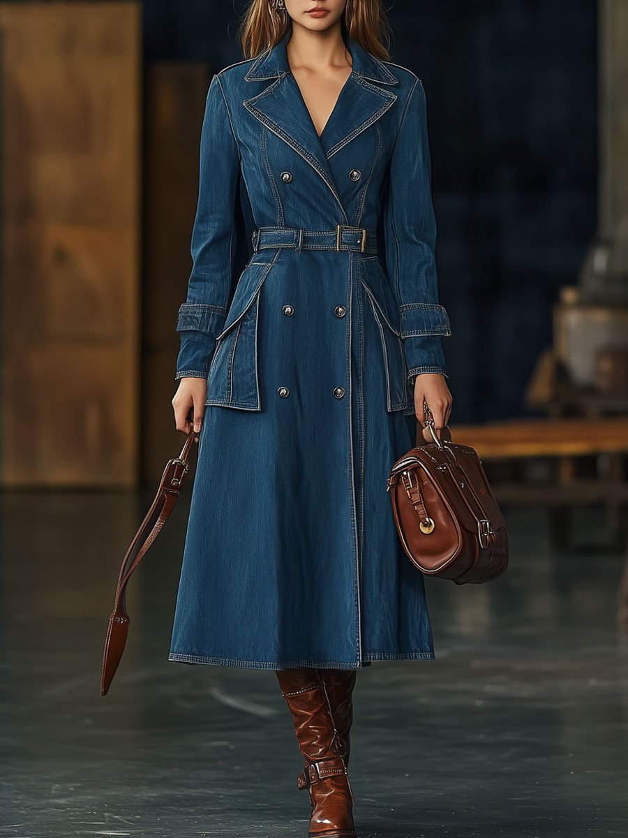 Casual Vintage Double Breasted Pocket Belted Dress Style Denim Trench Coat