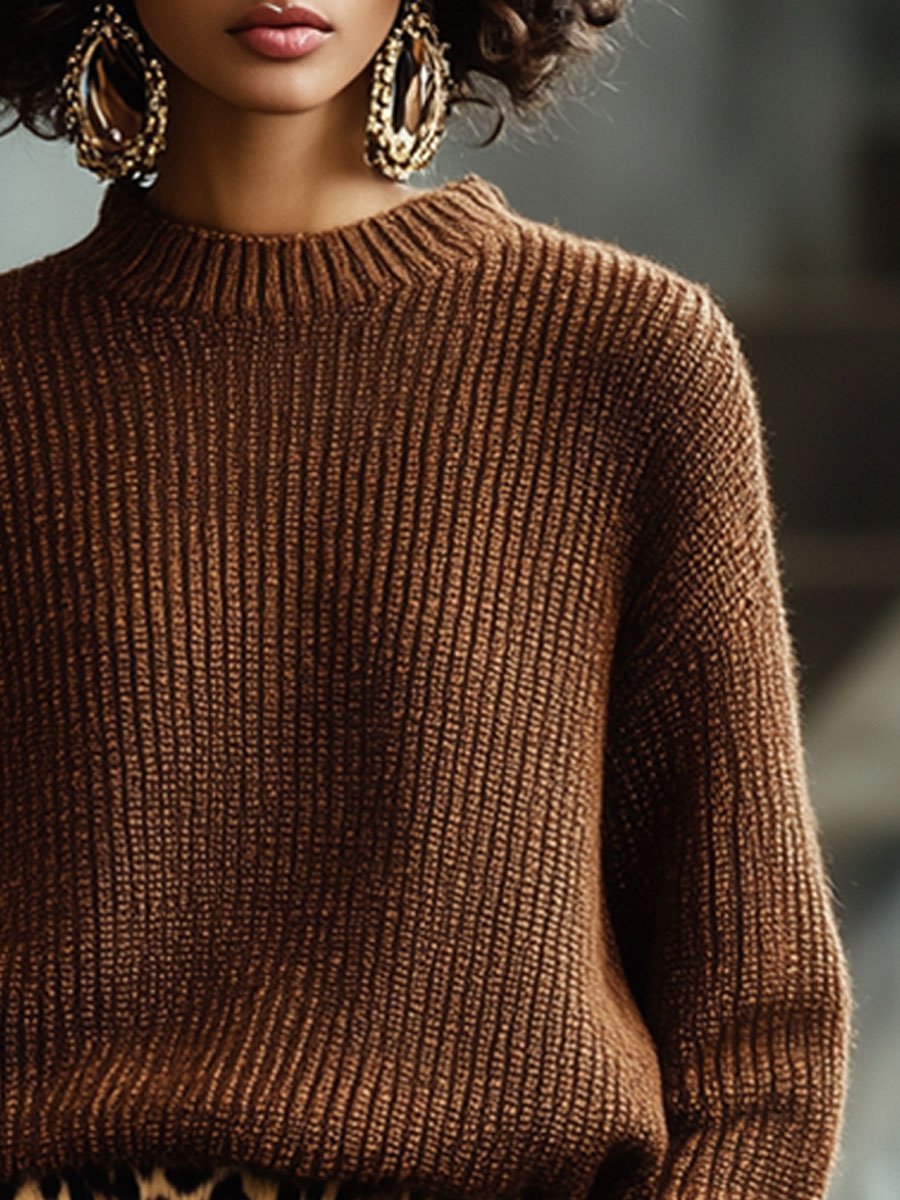 Casual Loose Solid Color Round Neck Pullover Sweater