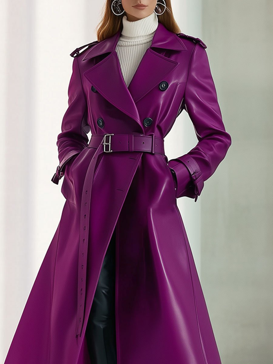 Casual Loose Retro Double-Breasted Lace-Up Purple Eco-Friendly Leather Trench Coat