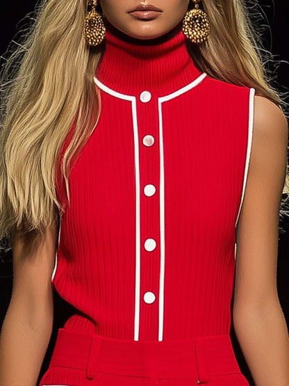 Elegant Personality High Collar White Trim Red Texture Vest