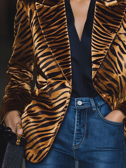 Casual Loose Vintage Velvet Zebra Print Lapel Blazer