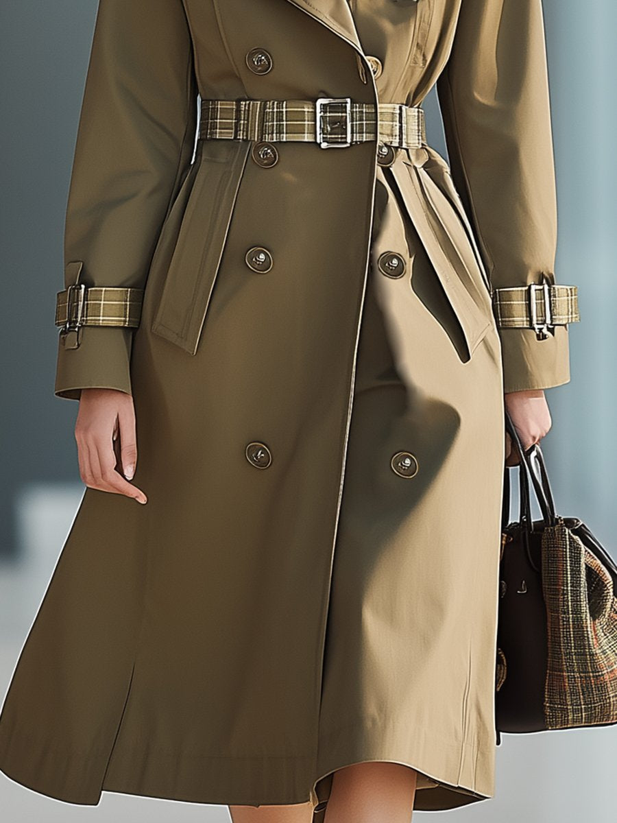 Fashionable Khaki Plaid Patchwork Trench Coat