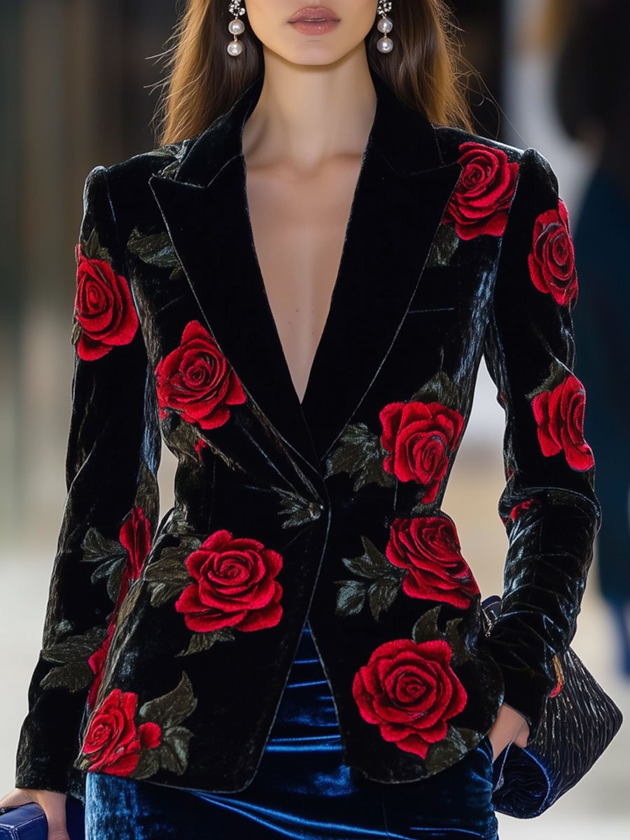 Casual Loose Retro Black Velvet Red Rose Print Blazer