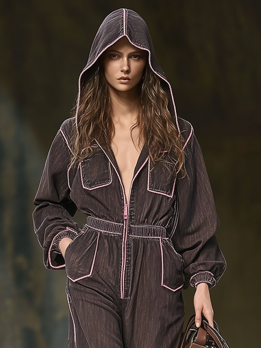 Casual Loose Retro Multi-Pocket Contrast Line Hooded Denim Jumpsuit