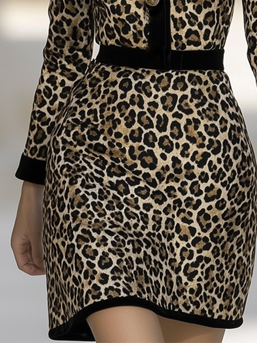 High-End Retro Luxury Chanel Style Contrast Lapel Leopard Velvet Dress