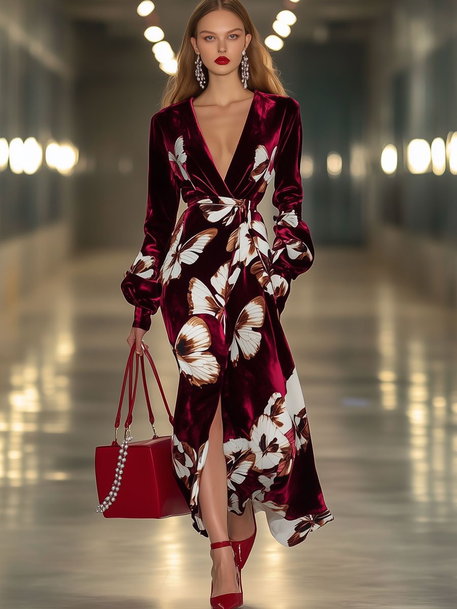 Fashion Retro Velvet Butterfly Print V-Neck Long Sleeve Slit Maxi Dress