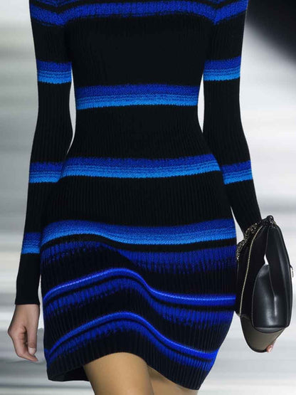 Elegant High-neck Blue and Black Contrast Knitted Mini Dress