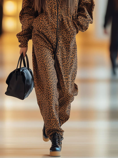 Casual Loose Retro Leopard Print Zipper Hooded Long Sleeve Jumpsuit