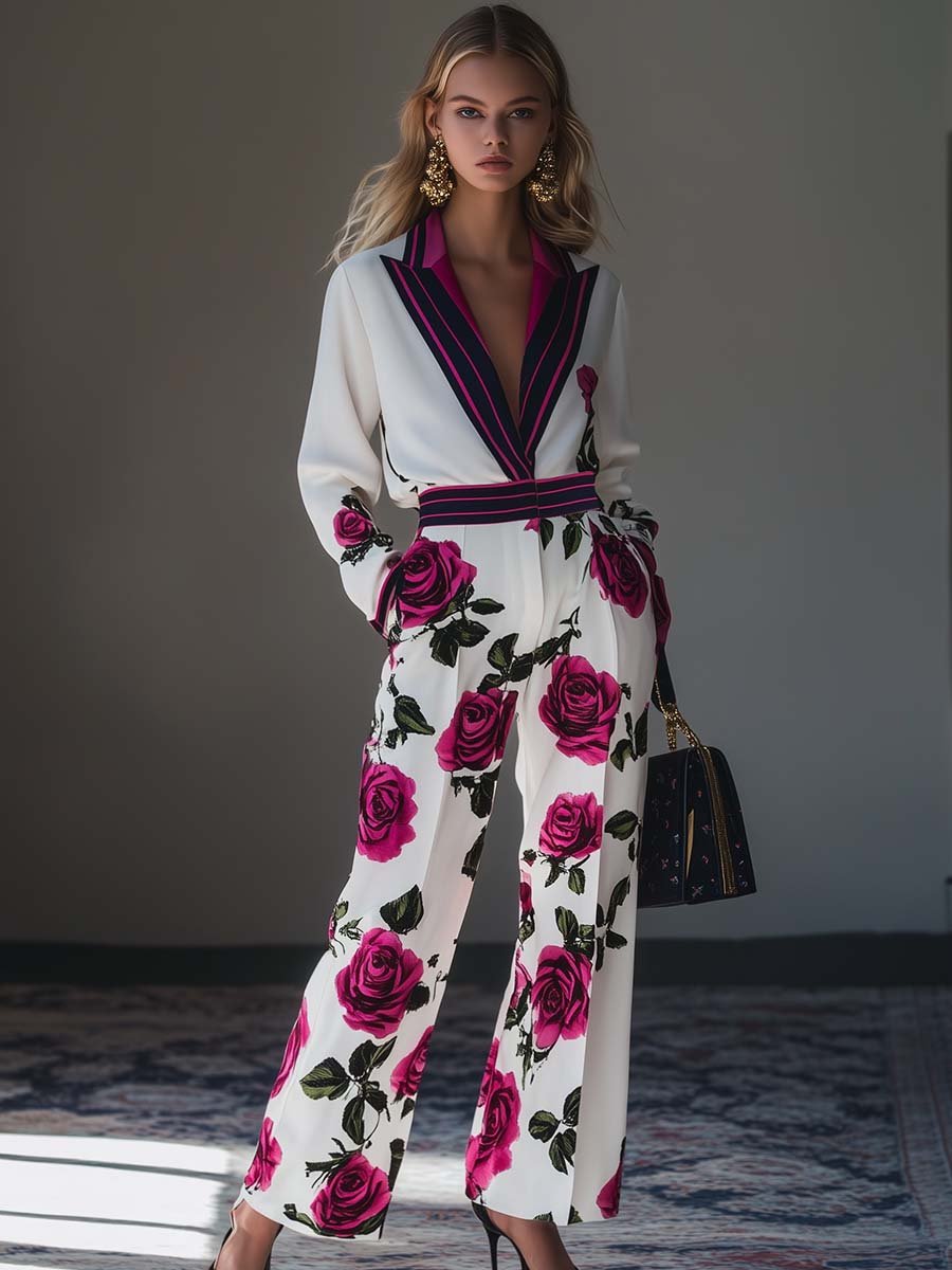 Fashionable and Personalized V-neck Contrast Edge Rose Print Jumpsuit