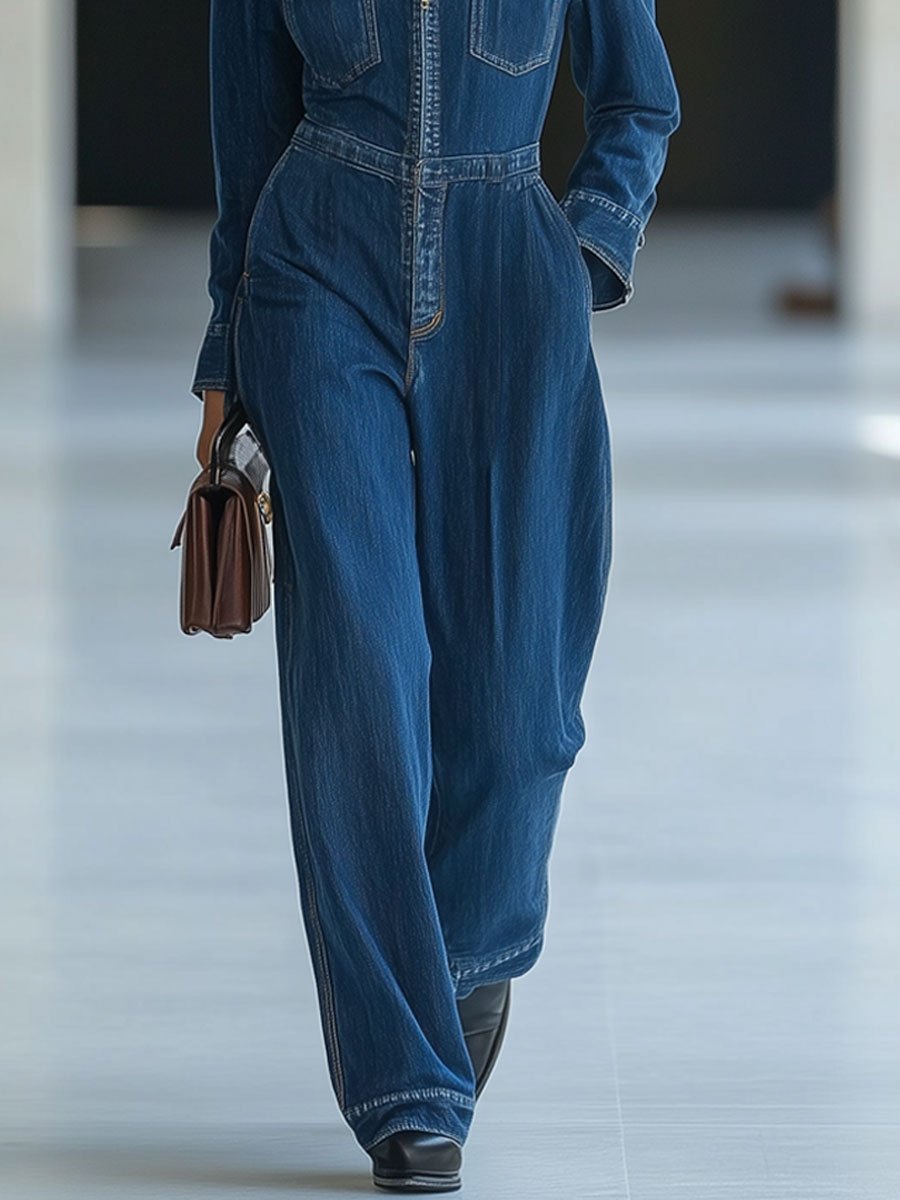 Casual Loose Vintage Denim Multi-Pocket Zipper Lapel Jumpsuit