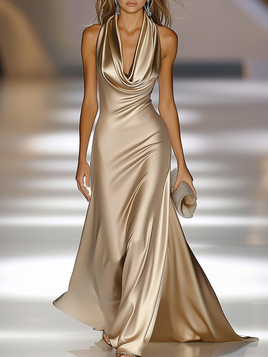 Elegant and Luxurious Cowl-neck Champagne Gold Satin Maxi Dress