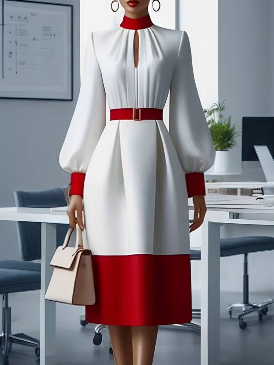 Versatile Commuting Red And White Hollow Long-Sleeved Midi Dress