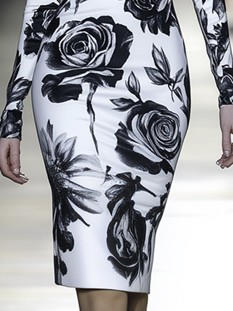 Exquisite Elegant and Fashionable Black and White Rose Print Midi Dress